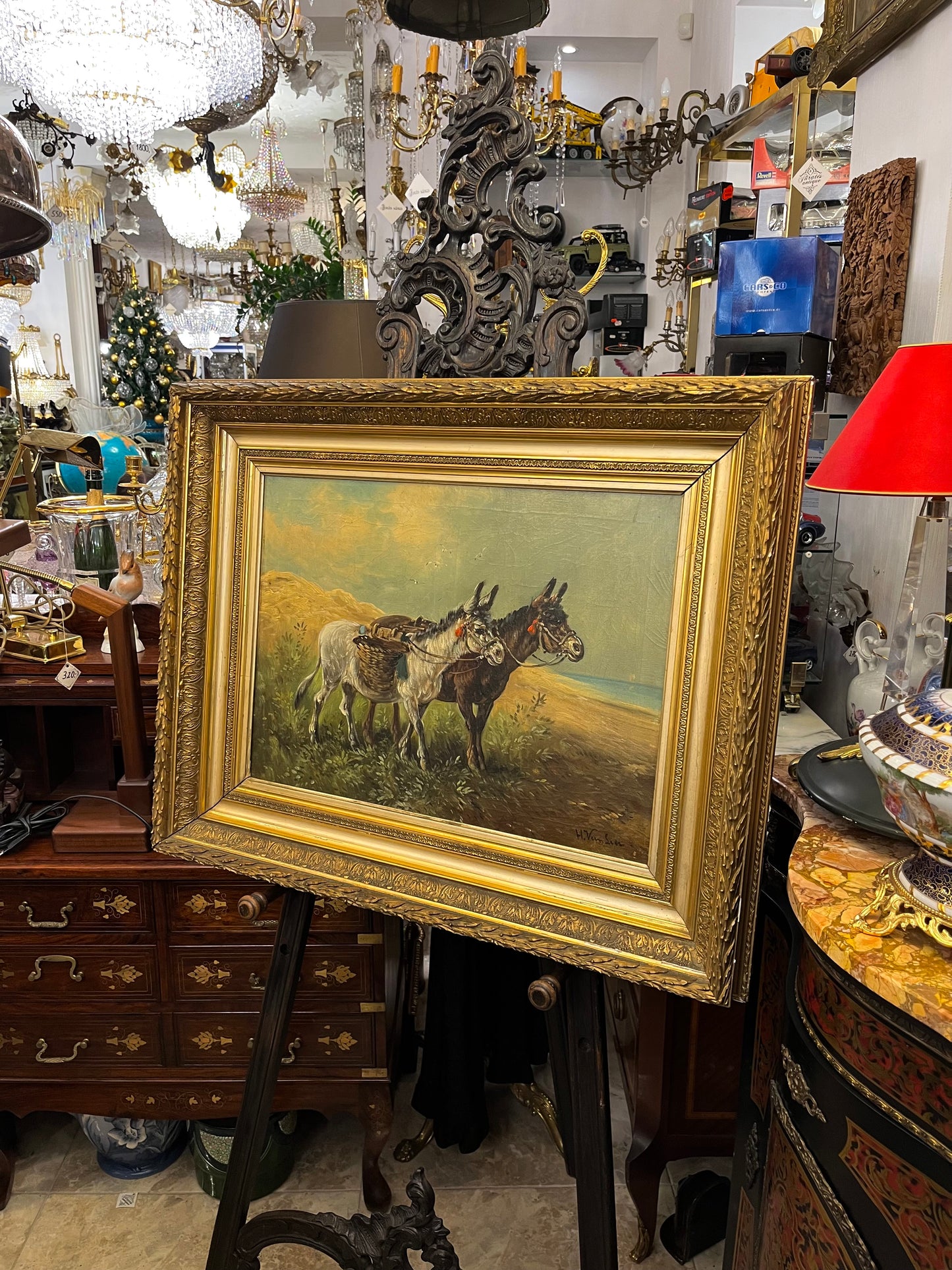 Autentiškas aliejinis paveikslas ant drobės – gamtos peizažas su asilais