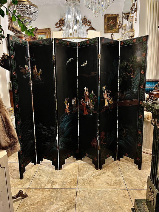 6-ių dalių širma dekoruota azijietiškais motyvais